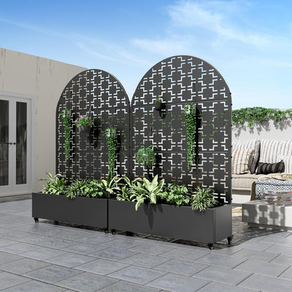 Casaphoria Metal Raised Garden Bed with Trellis and Wheels, 72"x47"x16" Arched Planter Box for Climbing Plants, Vegetables & Vines, Features Drainage Holes and Privacy Screen (Black-Brick)