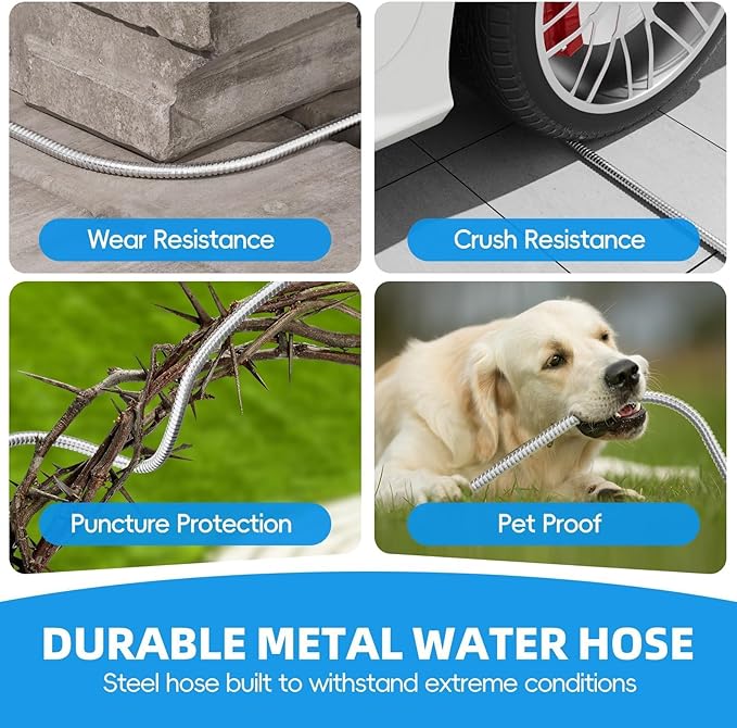 SPECILITE Metal Garden Hose 100ft Heavy Duty 304 Stainless Steel Water Pipe for Yard, Outdoor - Durable, Tough & Flexible, Kink & Tangle Free, Pet-proof, Puncture Resistant with Independent Grip