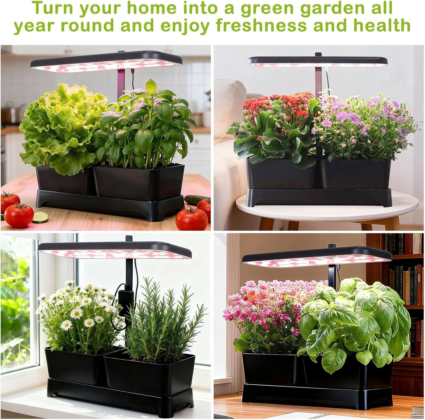 Indoor Garden Led Grow Light Planter Pots, Herb Kitchen Garden Grow Kit, Full Spectrum LED Plant Light for Plants, Height Adjustable Growing Lamp with Intelligent Controller (Black, 16*6.3*7.1 inch)