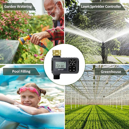 Sprinkler Timer with Brass Swivel Programmable Water Timer with Rain Delay/Manual/Automatic Drip Irrigation Function Watering System for Yard Crops Lawns Pool, 1 Outlet