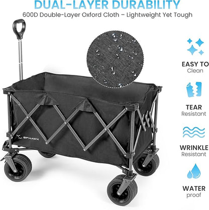 36" Collapsible Wagon Cart with Big All-Terrain Beach Wheels, Foldable Heavy Duty Wagons, Utility Carts for Camping, Garden, Outdoor, Grocery, Sports, Free Packable Backpack Included