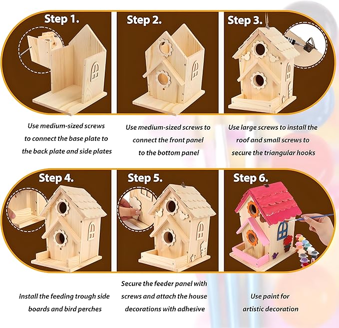 DIY Birdhouse Kit for Kids and Adults - Wooden Bird House Kit with Paint, Brushes, Glue, and Hanging Twine for a Hanging Birdhouse - Ideal Gift for Garden and Courtyard Outdoor Decor