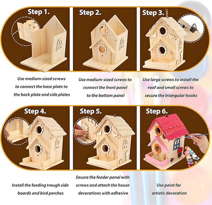 DIY Birdhouse Kit for Kids and Adults - Wooden Bird House Kit with Paint, Brushes, Glue, and Hanging Twine for a Hanging Birdhouse - Ideal Gift for Garden and Courtyard Outdoor Decor