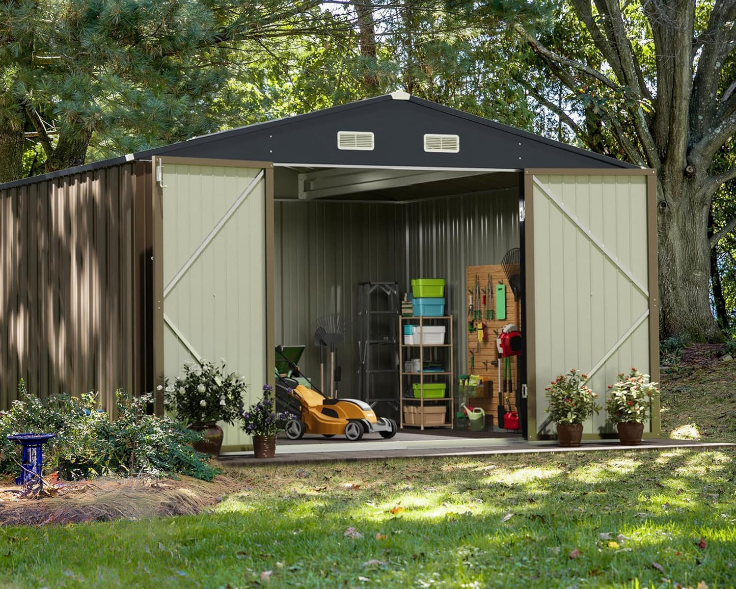 Greesum 10x10FT Outdoor Storage Shed, Utility Tool Shed Metal Storage Garden Shed with Door & Lock for Patio Storage, Brown