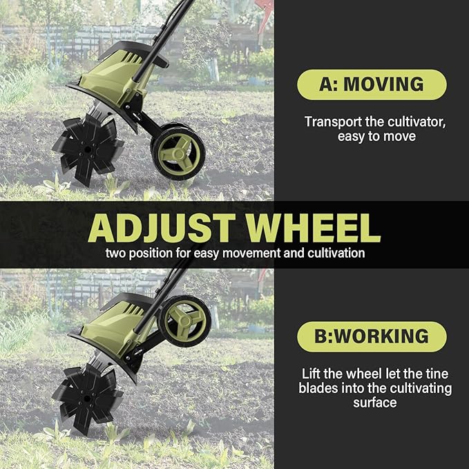 SOYUS 14 Inch Electric Tiller Cultivator 12 Amp Corded Tiller for Gardening, Garden Tiller with Folding Handle, 4 Steel Tines Wheeled Rototiller for Lawn Yard Soil Tilling