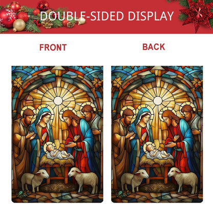 O Holy Night Garden Flag Jesus Birth Nativity Night Small Flag for Outside Stained Glass Style Burlap Double Sided Welcome Yard Lawn Winter Decor 12.5x18"