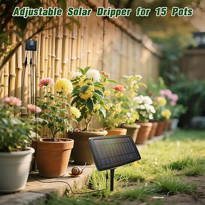 Solar Drip Irrigation System for Garden, Automatic Drip Irrigation Kits,Plants Self Watering Devices for Vacation,Solar/Battery Powered Water Pump for Potted Plants,Raised Beds,Greenhouse (15 Pots)