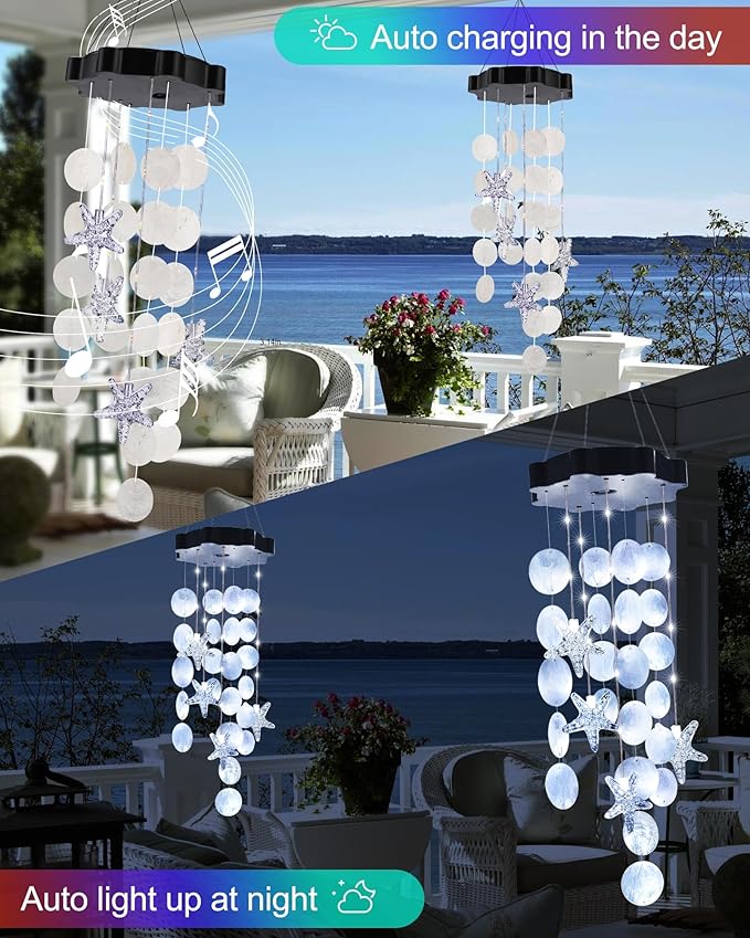 Toodour Solar Wind Chimes for Outside, Shells Light Gifts for Mom Grandma Women Wife Girls, Waterproof Solar Outdoor Decorative Mobile Light for Holiday Garden Porch Yard Window Outdoor Decor (White)