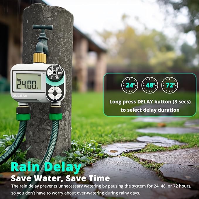 QUOBAS 2 Zone Sprinkler Timer with Brass Inlet & Outlet, Programmable Water Timer for Garden Hose with Rain Delay/Manual Watering/Automatic Irrigation Controller System for Yard, Lawn