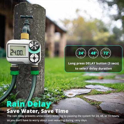 QUOBAS 2 Zone Sprinkler Timer with Brass Inlet & Outlet, Programmable Water Timer for Garden Hose with Rain Delay/Manual Watering/Automatic Irrigation Controller System for Yard, Lawn