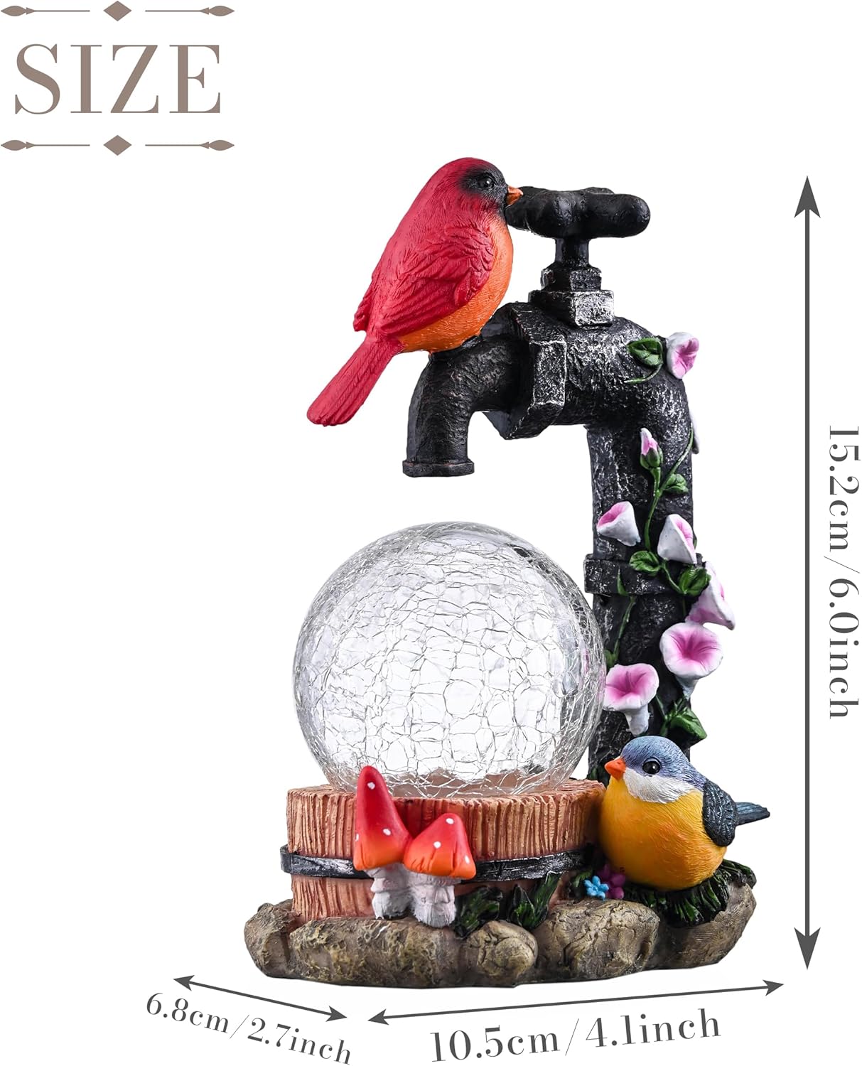 TERESA'S COLLECTIONS Garden Decor, Cardinal Garden Decor, Cute Cardinal and Faucet and Solar Light Glass Ball, Waterproof Resin Garden Statues, Cardinal Gifts, Birthday Gifts for Women Mom, 6"