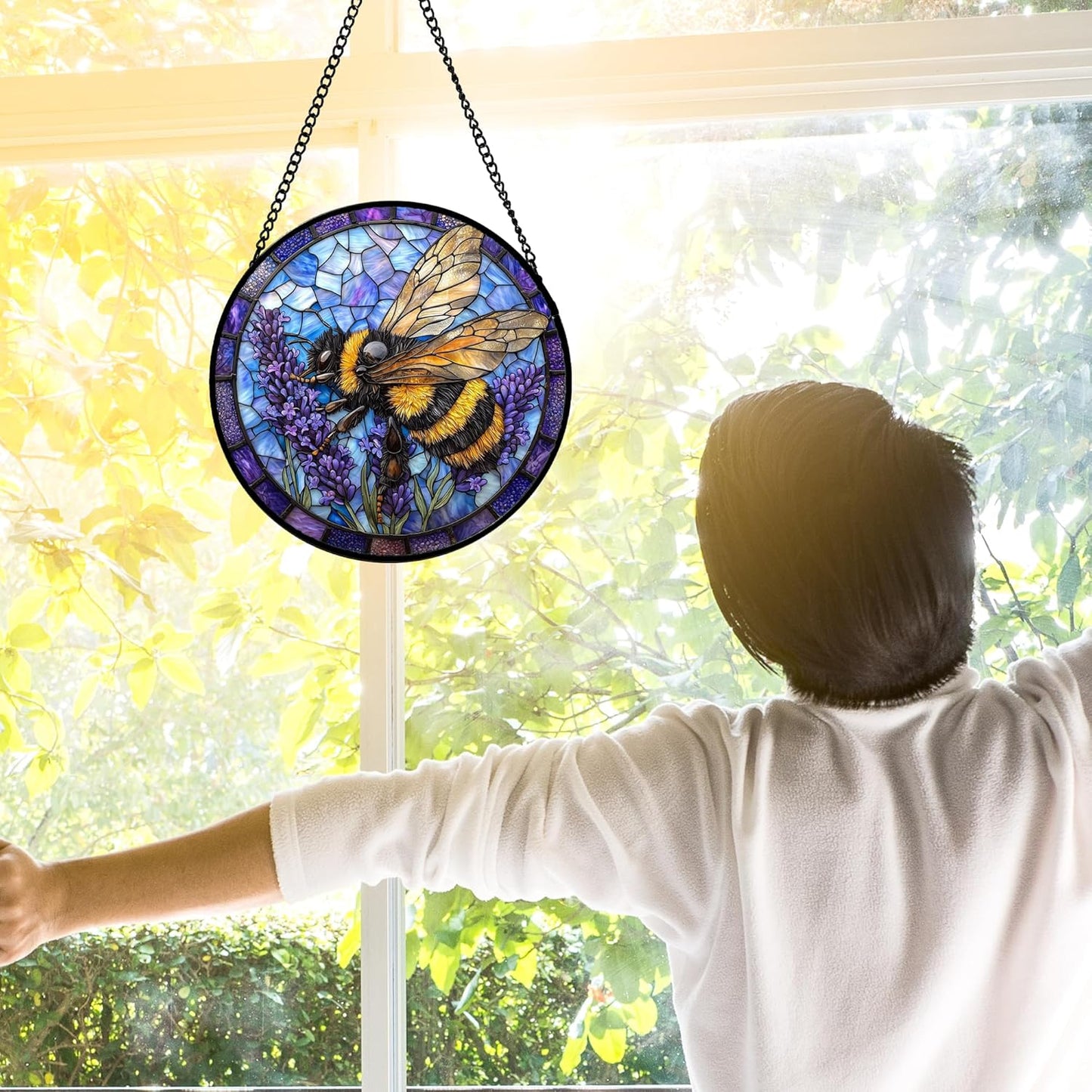 Stained Glass Window Hanging, Bee Lavender Sun Catchers Diamond Glass Panel Hangings Insect Suncatcher Decor for Birthday for Women, Men, Wife, Aunt, and Mom 6.3 in