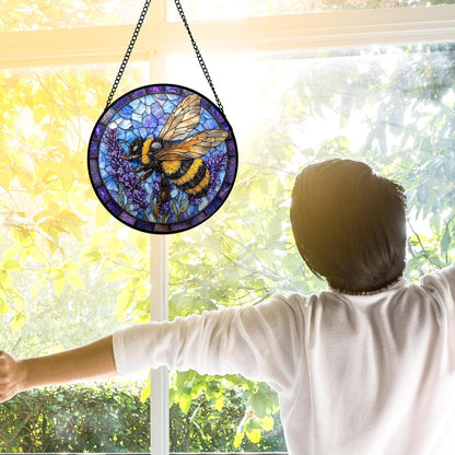 Stained Glass Window Hanging, Bee Lavender Sun Catchers Diamond Glass Panel Hangings Insect Suncatcher Decor for Birthday for Women, Men, Wife, Aunt, and Mom 6.3 in