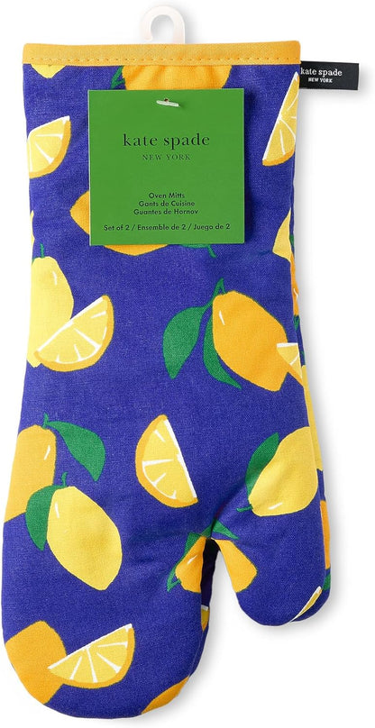 kate spade new york Lemon Party Oven Mitt 2-Pack Set, Heat Resistant, 100% Cotton, Navy Blue/Yellow, 7"x13"