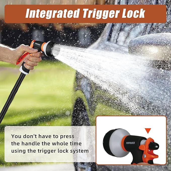 Garden Hose Nozzle Sprayer– this high heavy-duty spray nozzle offer 8 watering patterns for watering plants, lawns & gardens, washing cars, household cleaning and showering pets. (Dark Orange)