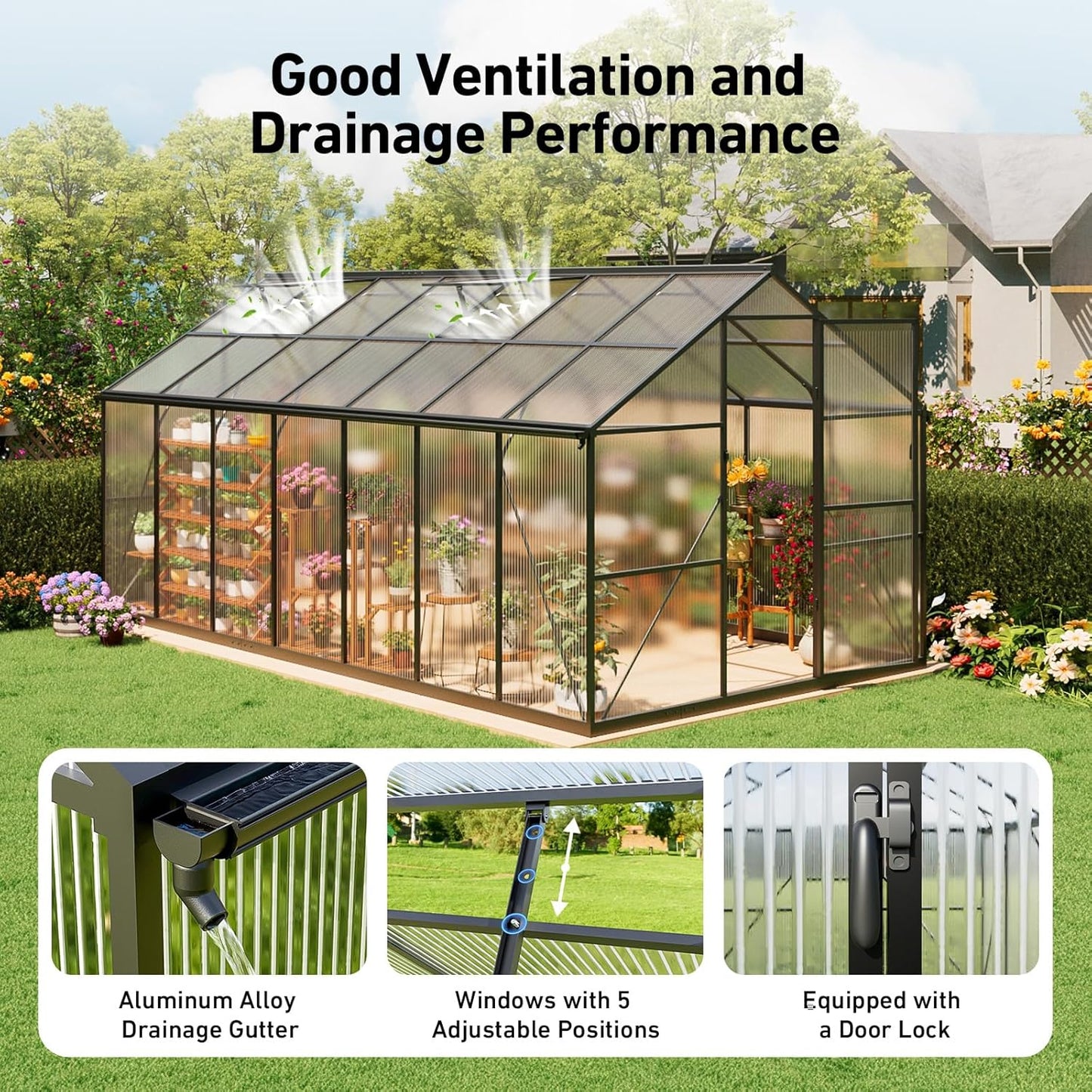 8x14FT Greenhouses for Outdoors, Polycarbonate Green House with UV Protection, Heavy Duty Greenhouse with Windproof Aluminum Frame, Roof Vent & Quick-Install Design for Backyard or Garden Use