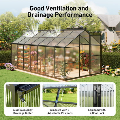 8x14FT Greenhouses for Outdoors, Polycarbonate Green House with UV Protection, Heavy Duty Greenhouse with Windproof Aluminum Frame, Roof Vent & Quick-Install Design for Backyard or Garden Use
