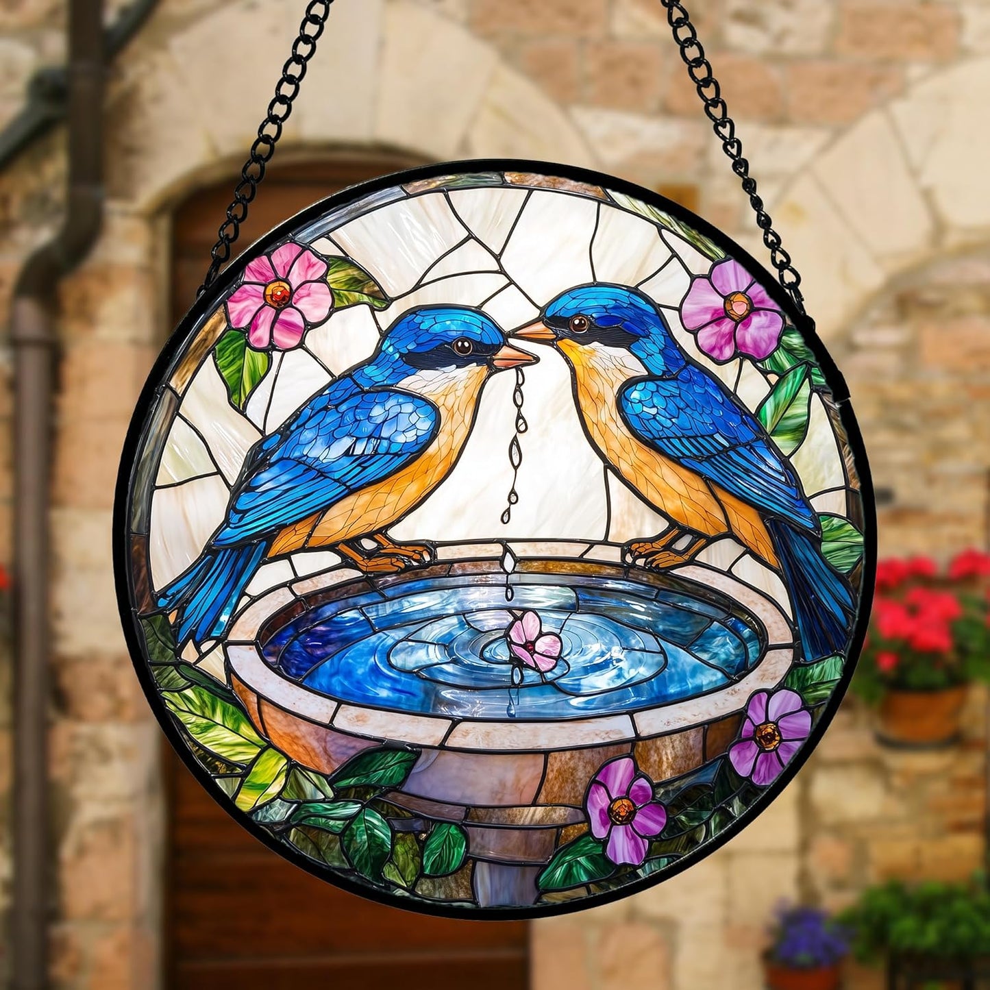 Stained Glass Window Hanging, 2 Blue Birds Suncatcher Diamond Glass Panel Hangings Bird Lover Sun Catchers Decor for Birthday for Women, Men, Wife, Aunt, and Mom 11.8x11.8 in