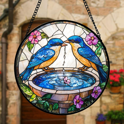 Stained Glass Window Hanging, 2 Blue Birds Suncatcher Diamond Glass Panel Hangings Bird Lover Sun Catchers Decor for Birthday for Women, Men, Wife, Aunt, and Mom 9.8 in