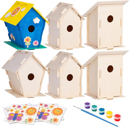 Neliblu 2 Pack Birdhouse Kits for Kids - 6.1" x 5.9" x 3.0" - DIY Craft and Garden Decoration, Pre-cut, Easy to Assemble for Birdwatchers - Includes Paints, Brushes, Birdhouse Kits for Adults to Build