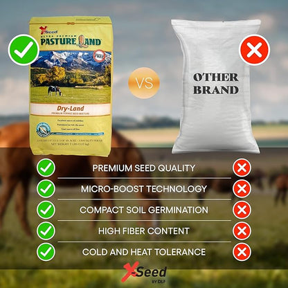 X-Seed Pasture Land Dry-Land Forage Seed Mixture with Micro-Boost – Tall Fescue Orchard Grass Ryegrass Endophyte Free Pasture for Safe Nutrition of Livestock, Formulated for Dry Areas – 7-Pound Bag