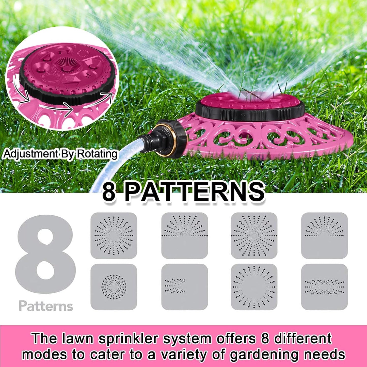 2 Pcs Lawn Sprinkler with Metal Decorative Base 8 Pattern Stationary Water Sprinkler Automatic Turret Pattern Sprinkler for Watering Yard, Lawns, Garden, Odd Shaped Areas (Pink)