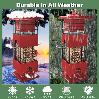 Squirrel Proof Bird Feeder for Outdoors Hanging, 3Lbs Metal Weight-Activated Birdfeeder with 4 Feeding Ports, Wild Birds Seed Feeder for Cardinal, Finch, Sparrow (Red)