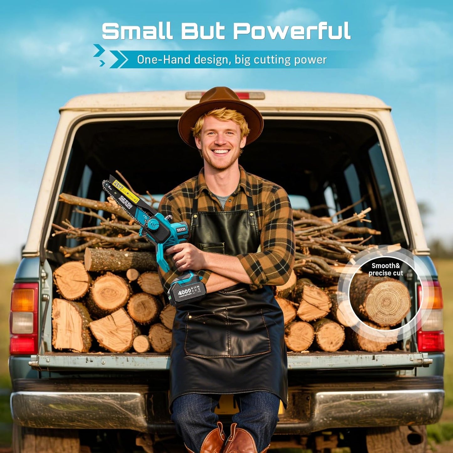 SEESII 8-Inch Cordless Mini Chainsaw, 2025 Upgraded Brushless Motor, Electric Chainsaw with 2×4000mAh Batteries, Tool-Free Chain Tension & Oiler, Handheld Saw for Fast Tree Branch Cutting（M8 Boost）