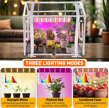 Meonum Mini Greenhouse with Grow Light for Indoor, Tabletop Small Greenhouse Kit with Bottom Mat for Waterproof, 15W Plant Dimmable LED Grow Lights and Timer, 3 Light Color Mode for Seed Starter Tray