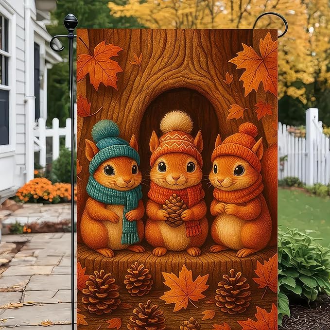 Thanksgiving Fall Garden Flag 12x18 Inch Welcome Squirrels Flag Double Sided Outdoor Autumn Yard Banner with Pinecones and Leaves for Porch Lawn Patio Seasonal Decor