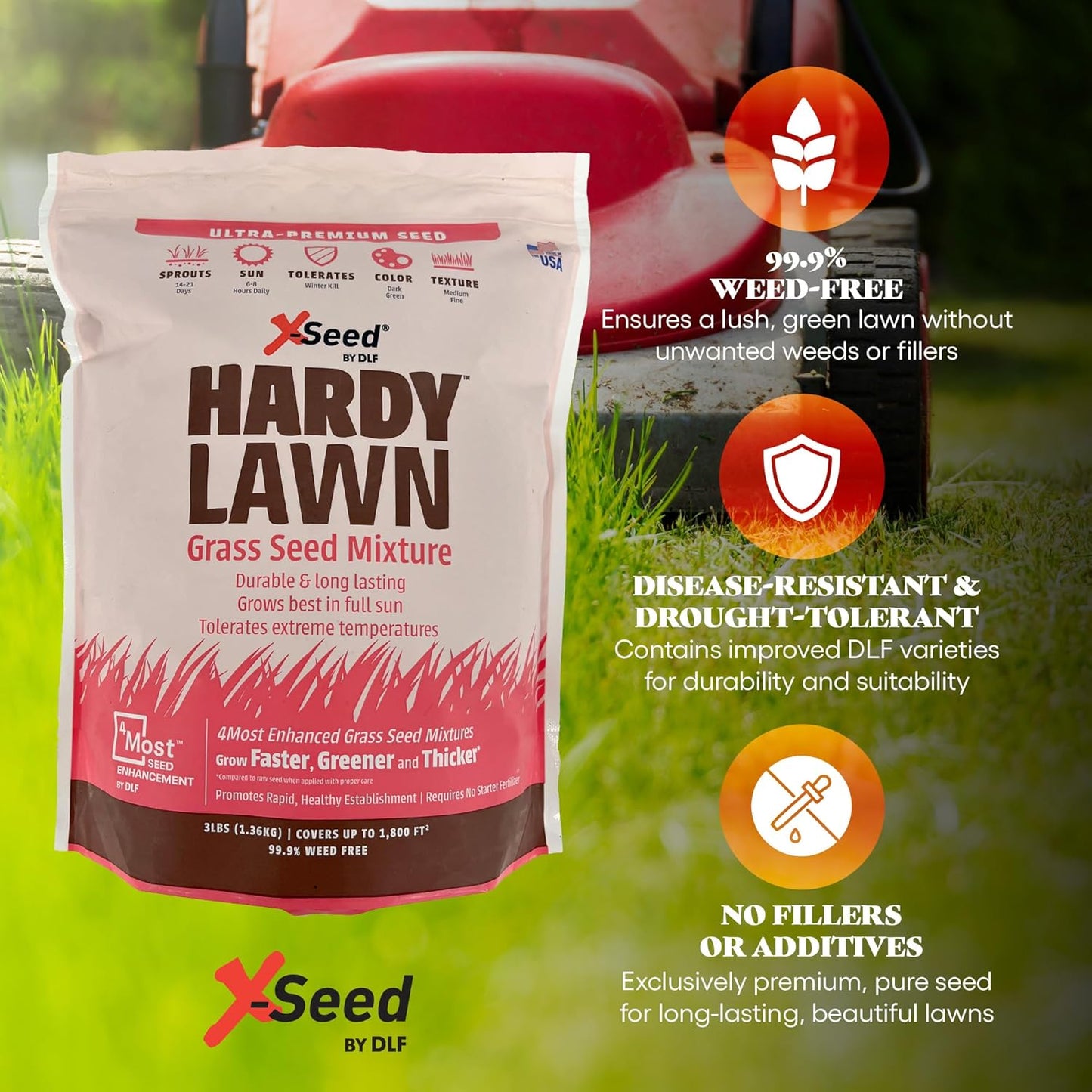 X-Seed Hardy Lawn Grass Seed Mixture - Durable, Long-Lasting Lawn Solution for Full Sun, Withstands Extreme Temperatures & Heavy Traffic, Ideal for Backyards, 3 lbs.