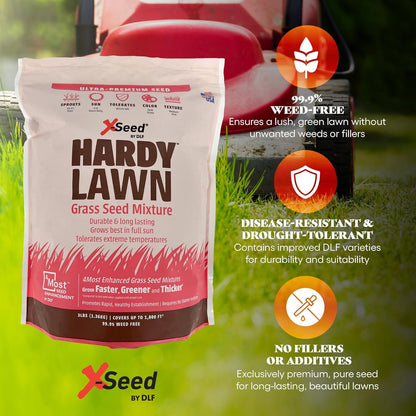 X-Seed Hardy Lawn Grass Seed Mixture - Durable, Long-Lasting Lawn Solution for Full Sun, Withstands Extreme Temperatures & Heavy Traffic, Ideal for Backyards, 3 lbs.