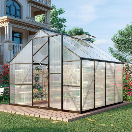 8x8 FT Greenhouse for Outdoors, Polycarbonate Greenhouse with Quick Setup Structure and Roof Vent, Aluminum Large Walk-in Green House for Outside Garden Backyard, Dark Gray