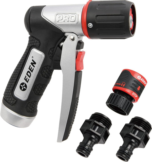 Eden 94834 Heavy Duty Metal Garden Hose Nozzle Sprayer High Pressure 4 Spray Pattern W/Quick Connector Set for Watering Plants, Lawns&Garden