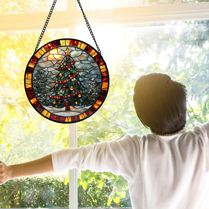 Stained Glass Window Hanging - Winter Christmas Tree Suncatcher Ready to Hang Window Doors Home Decoration, Christmas, Mother's Day Birthday Gifts for Women, Men, and Mom 7.8x7.8 in