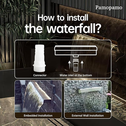 Pool Waterfall Spillway Stainless Steel Koi Pond Fountain, APP Control LED Lighted Waterfalls Kit, Outdoor Water Flow Fountains for Garden Swimming Pool Decoration-11.8"x7.8"x3.9"