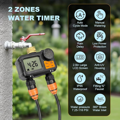 Water Timer for Garden Hose - 2 Zone Timed Sprinkler with Rain Delay/Manual Watering/Automatic Irrigation Programmable Faucet Timer for Yard Lawn