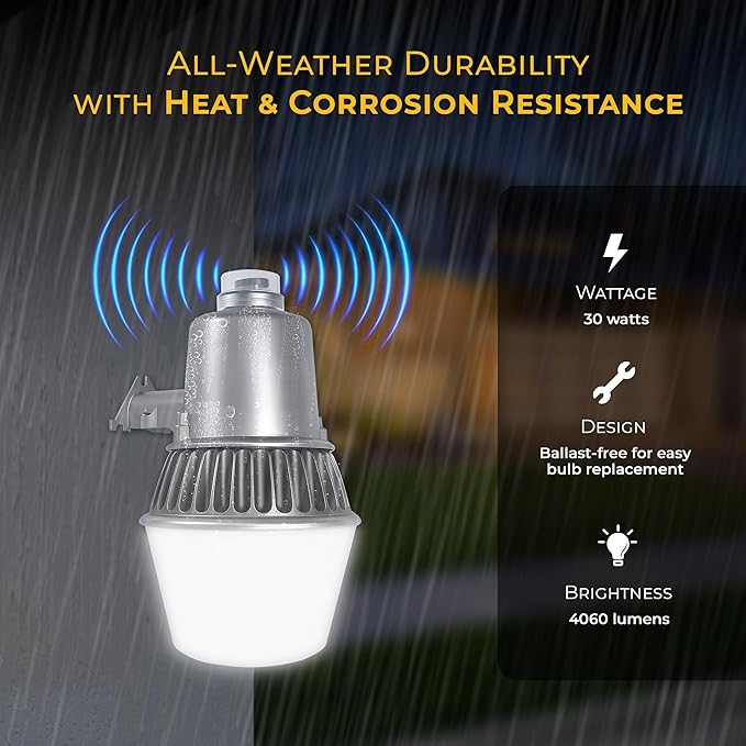 Touch & Glow Security Area Light – Ultra Bright Dusk to Dawn High-Pressure Fluorescent Light with Photocell for Outdoor Safety | Heavy Duty Wall Mount, EZ-FLA30 with LED Bulb