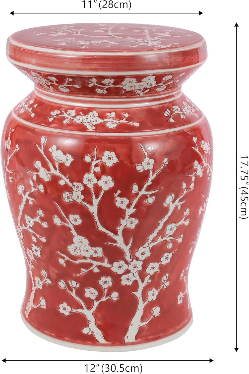 JONATHAN Y TBL1017B Cherry Blossom 17.75" Ceramic Indoor/Outdoor Garden Stool Coastal, Contemporary, Transitional, Patio, Garden Room, Bathroom, Living Room, Red/White