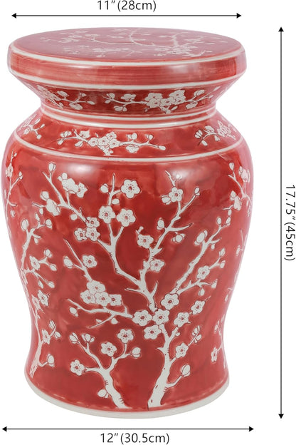 JONATHAN Y TBL1017B Cherry Blossom 17.75" Ceramic Indoor/Outdoor Garden Stool Coastal, Contemporary, Transitional, Patio, Garden Room, Bathroom, Living Room, Red/White