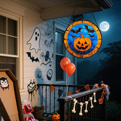 Stained Glass Window Hanging - Halloween Evil Pumpkin Suncatcher for Doors Window Garden Indoor Spooky Brown Bat Sun Catchers Gothic Decor Horror Gifts for Women Men Friend Boy Girl 6.3 in