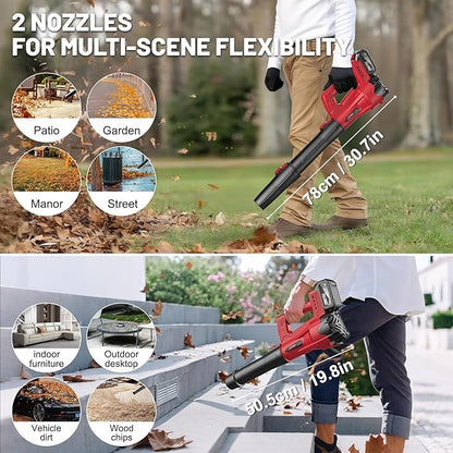 Leaf Blower Cordless with 2 x 4.0Ah Battery and Charger, 160MPH/580CFM High Power Lightweight Handheld Electric Leaf Blowers with 2 Extended Tubes for Lawn,Yard Garden, Leaves, Dust, Snow Care (Red)