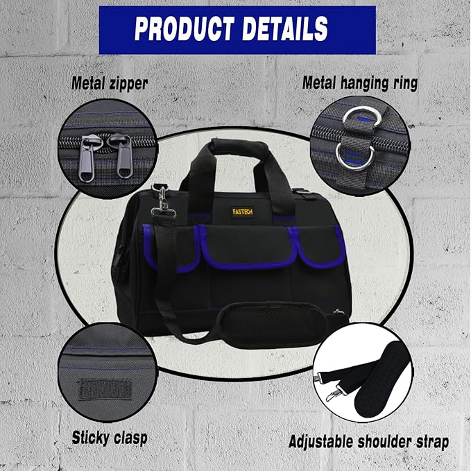 FASTECH 22 Inch Tools Bag, Waterproof Wide Mouth Tool Kit, Tools Big Bag, Heavy Duty Tool Tote Organizer With Adjustable Shoulder Strap For Men/Women (22IN Blue)