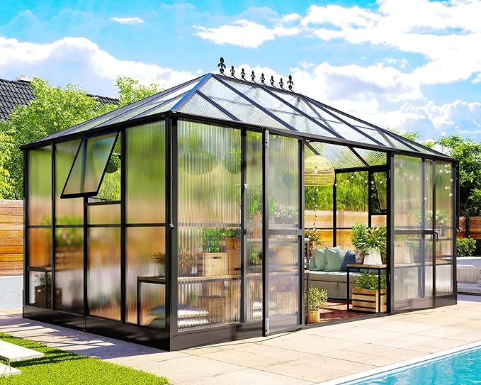 Jocisland 14x9.5x9 FT Polycarbonate Greenhouse- 6 FT Wall Height Outdoor Aluminum Greenhouses with 2 Ventilation and Rain Gutter, Double Doors with Hook, Walk-in Greenhouse for Backyard Garden