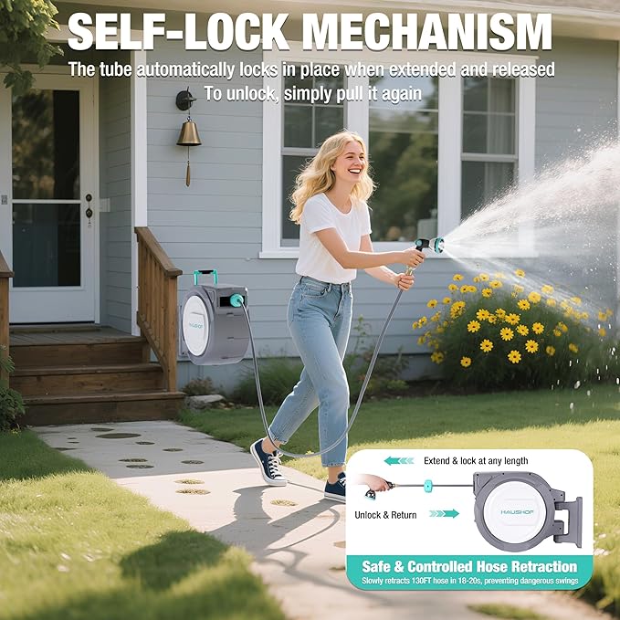 HAUSHOF Retractable Garden Hose Reel 1/2” x 130 ft, Auto-Lock at Any Length, Slow Return System, Wall Mounted and 180° Swivel Bracket for Outside Water