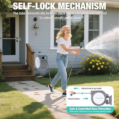 HAUSHOF Retractable Garden Hose Reel 1/2” x 130 ft, Auto-Lock at Any Length, Slow Return System, Wall Mounted and 180° Swivel Bracket for Outside Water