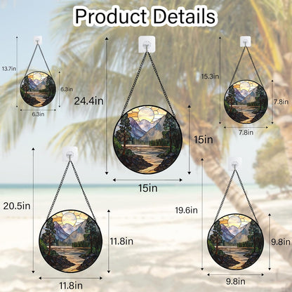 Stained Glass Window Hanging, Sunset Mountains Lake Tree Sun Catcher for Window Home Decor Landscape Suncatcher Mother's Day Birthday Gifts for Women Men Mom and Nana 11.8 in