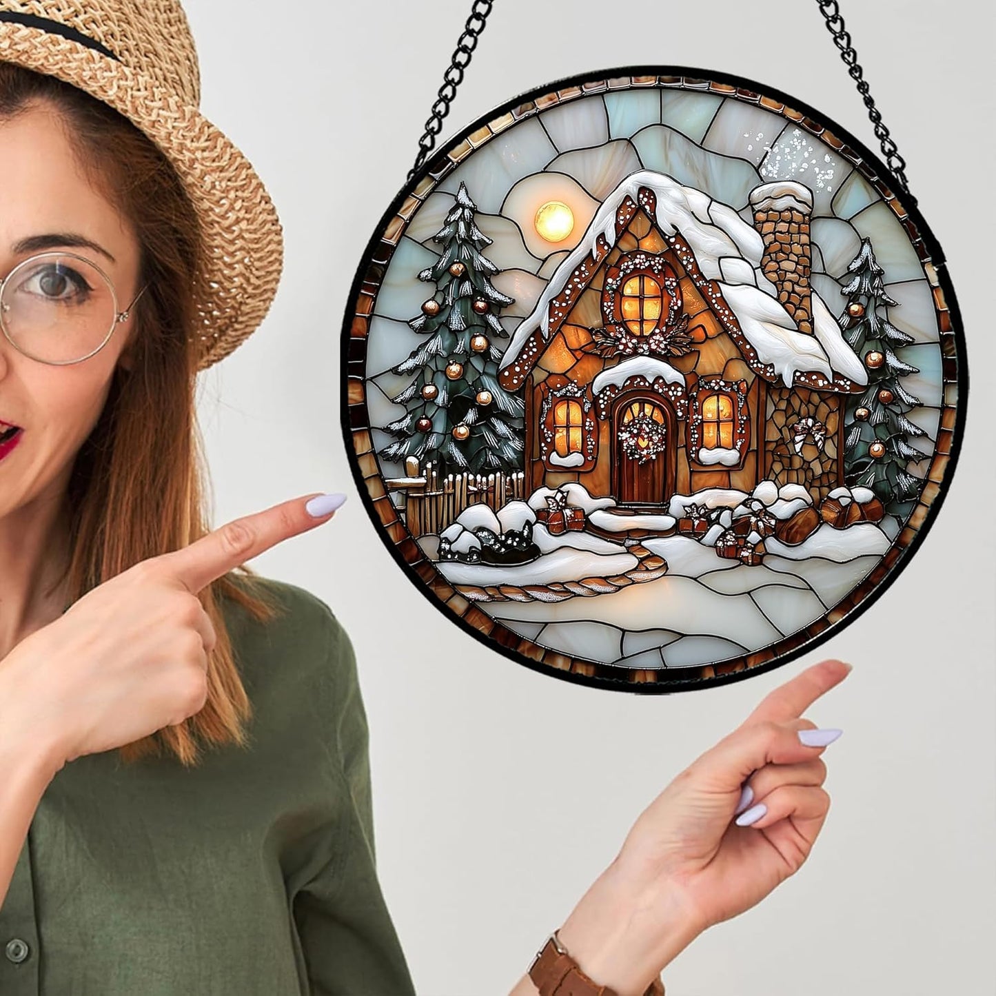 Stained Glass Window Hanging - Christmas Tree Cottage Sun Catcher for Door Garden Home Winter Decor Snowy Night Suncatcher Mother's Day Birthday Gifts for Women Men Mom Nana 9.8 in