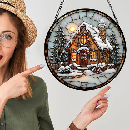 Stained Glass Window Hanging - Christmas Tree Cottage Sun Catcher for Door Garden Home Winter Decor Snowy Night Suncatcher Mother's Day Birthday Gifts for Women Men Mom Nana 7.8 in