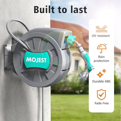 Retractable Garden Hose Reel - 1/2 in x 100 ft Wall Mounted Heavy Duty Water Hose Reel with Automatic Slow Rewind System, 180°Swivel Bracket, 2 Hose Nozzle, Dark Gray